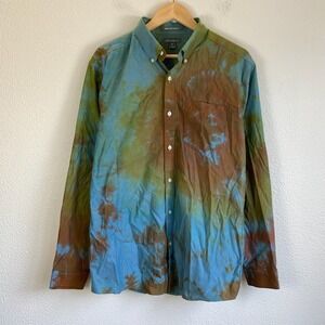 Eddie Bauer Button Down Mens Large Blue Green Brown Tie Dye Long Sleeve Shirt